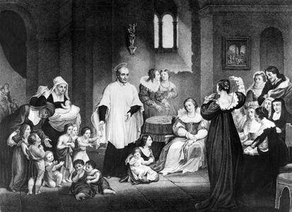 St Vincent de Paul (1581-1660) taking care of the orphans, engraving