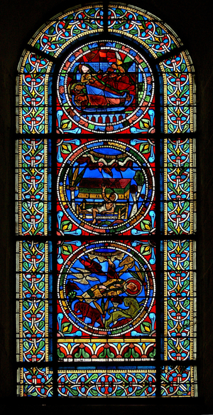 Window wXVII depicting three assembled panels: two in connection with Stephen, the other from a Nativity (stained glass)