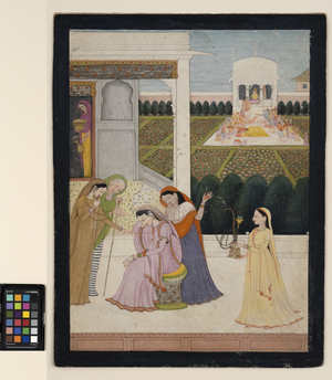 A lady disconsolate, while the others play Holi, c.1790  (opaque w/c, silver and gold on paper)