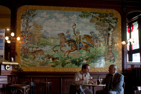 Main square (Grote Markt). Café Harmonie. Interior. Mosaic. Boch Frères La Louvière, design F.E. Tondeur. Romanticism.