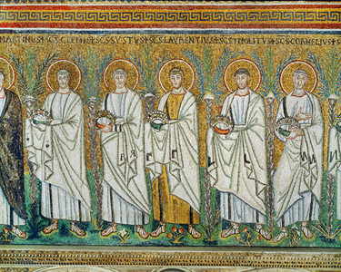 Procession of martyrs Saint Clement, Sixtus, Lawrence, Hippolytus, Cornelius, all carrying crowns -symbol of martyrs, 6th century (mosaic)