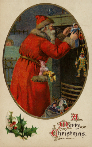Santa Claus hanging toys on the mantle piece (colour litho)