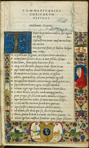 Initial page, letter 'T'. An illuminated border to the first page of text