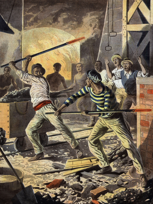 2 blacksmiths fighting with red iron bars, USA, illustration from "Le Petit Journal" september 29, 1907