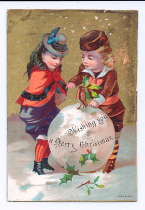 A Victorian Christmas card of two girls playing with a large snowball, c.1880 (colour litho)
