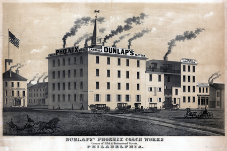 Dunlaps' Phoenix Coach Works, corner of Fifth & Buttonwood Streets, Philadelphia, printed by Frederick Kuhl, c.1856 (litho tinted with one stone)



