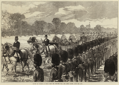 Review at Windsor of Troops from the Ashantee War, the Queen passing along the Line (engraving)