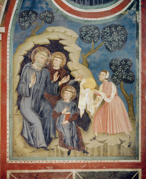 Attempted Poisoning: A woman brings St. Benedict poisoned bread wrapped in white linen (fresco)