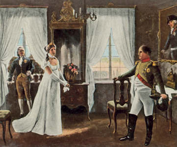Meeting of Queen Louise with Napoleon I in Tilsit, 6 July 1807 (enhanced colour litho)