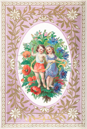 Young Girl and Boy with flowers and ribbons, card (chromolitho)