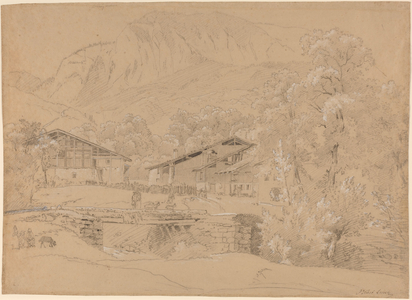 An Alpine Village in Summertime (black chalk and graphite heightened with white chalk on tan paper)