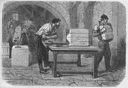 Science. Soap making in Marseille: cutting the soap. Engraving in: Grands hommes et grands faits de l'industrie, France, c.1880 (engraving)