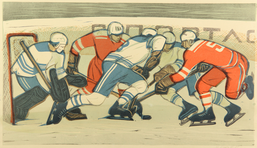 Ice Hockey, 1975 (linocut)