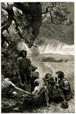 Group of harvesters struck by lightning while sheltering under a tree during a storm, 1890 (engraving)