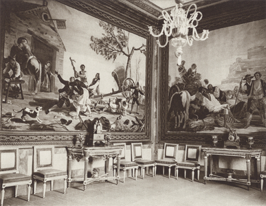 Spain: In the Escorial Palace, on the walls tapestries after Goya's paintings (b/w photo)