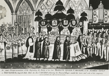 Burial of the body of Queen Caroline in the family vault at Brunswick Cathedral, 1821 (engraving)