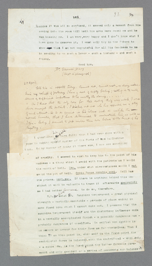 Page 93, Chapter 5, Portion of Dr. Seward's phonograph diary describing his patient, Renfield, from Bram Stoker's original typed manuscript of 'Dracula' (print)