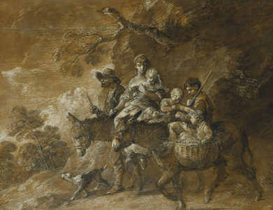 A Peasant Family Going to Market, (black and white chalk, stump, grey and brown wash extensively he)