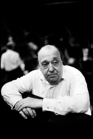 Nello Santi in the orchestra pit conducting at  Paris Opera, 1991 (b/w photo)