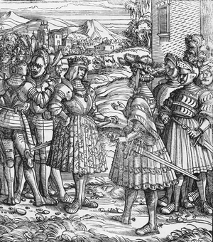 Germany: Maximilian I (1459-1519), 29th Holy Roman emperor, talking to German knights, woodcut from "Der Weisskunig" by Hans Burgkmair (1473-1531), 16th century
