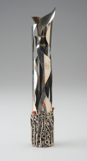 Candleholder for Havdalah Ceremony, designed and fabricated 1978 (silver: fabricated, pierced, and soldered; coral beads)