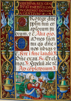 Text page from Hours of the Virgin with decorated border showing the Libyan Sibyl in a landscape