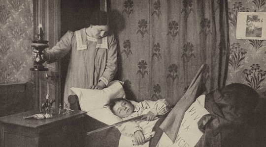 The little soldier sleeps on his arms (b/w photo)