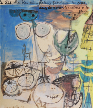 Le ciel plus bleu..., 1949 (w/c, gouache, wax crayon, graphite & collage on paper)