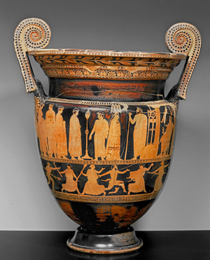 Fluted red-figured krater with depiction of a sacrificial procession in honour of the Oracle of Delphi