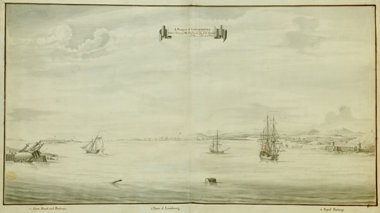 A view of the harbour at Louisbourg, probably after the Battle of Louisbourg; ships flying British flags; a capsized ship on the left-hand side; the Royal Battery flying the British flag on the right-hand side