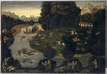 Deer Hunt of Frederick The Wise with the Emperor Maximilian I, c.1600 (oil on oak)