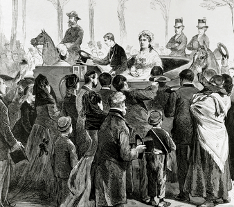 Isabella II of Spain (1830-1904) arriving to Madrid, 1876. Engraving.