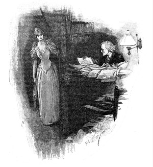 A young daughter checking in on her hardworking father, 1850