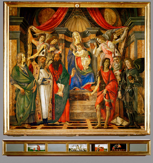 Madonna and child enthroned, with two angels and Saints (tempera on wood)