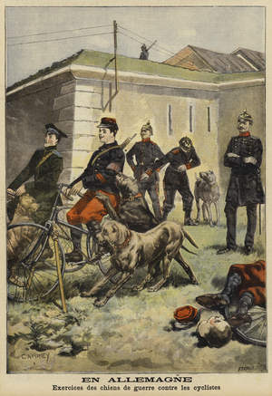 Training army dogs to attack cyclists, Germany (colour litho)