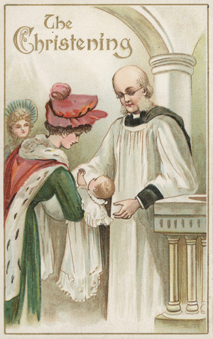A Christening (colour litho)