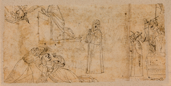 Studies for an annunciation; for the Martyrdom of St. Agatha; for a mourning Madonna (pen & ink over chalk on paper) (verso of 5933930)
