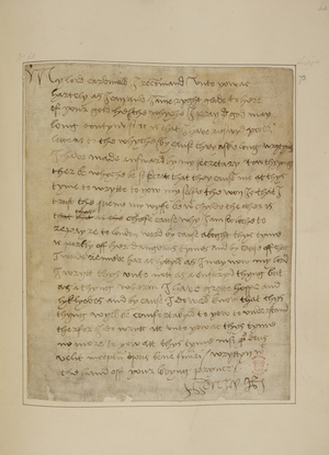 Cotton MS Vespasian F iii fol.73 Letter from Henry VIII to Thomas Wolsey, June 1518 (pen & ink on paper)