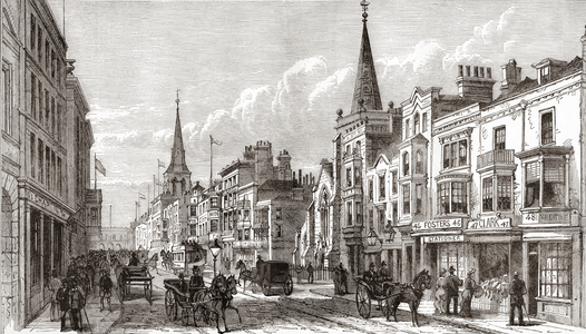High Street, Southampton, Hampshire, England in the late 19th century.  From Our Own Country published 1898