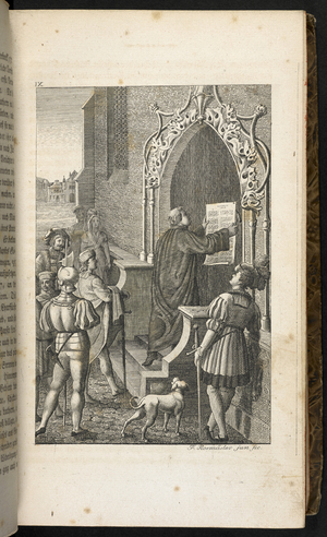General Reference Collection 1126.f.1, Plate IX, Luther posting the theses, 1817 (engraving)