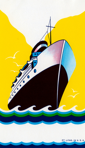 Cruise Ship with Stylized Waves, 1930s (colour litho)