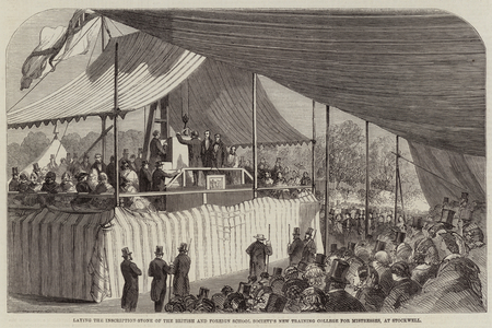 Laying the Inscription-Stone of the British and Foreign School Society's New Training College for Mistresses, at Stockwell (engraving)