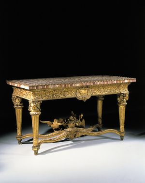 One of a pair of Roman giltwood side tables with ormolu-bordered mosaic tops, c.1773 (giltwood, mosaic & ormolu)