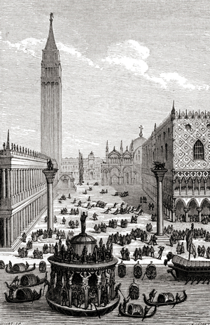 Venice - St. Mark's Place with cathedral and gondolas, 16th century (engraving)