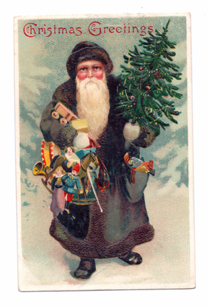 Edwardian Christmas postcard of Father Christmas holding a Christmas tree and a bag of toys, c.1910 (colour litho)