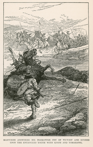 Mahtoree Answered his Premature Cry of Victory and Rushed upon the Entangled Youth with Knife and Tomahawk (engraving)