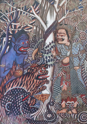 The priest frees the monkey, snake and tiger from the well, 1935, (natural pigments on paper)