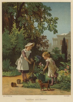 Two young girls gardening (colour litho)
