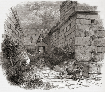 The Lion Gate, Mycenaea, Greece. From Cassell's Universal History, published 1888 (b/w engraving)