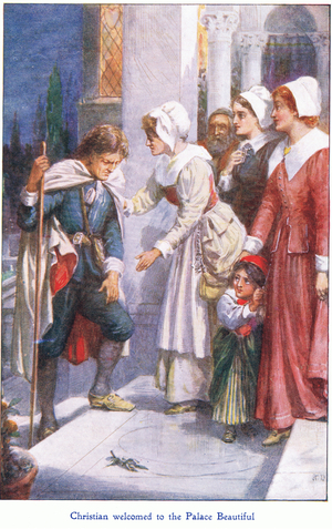 Christian welcomed to the Palace Beautiful, from The Pilgrims Progress published by John F Shaw & Co, c.1900's (colour litho)